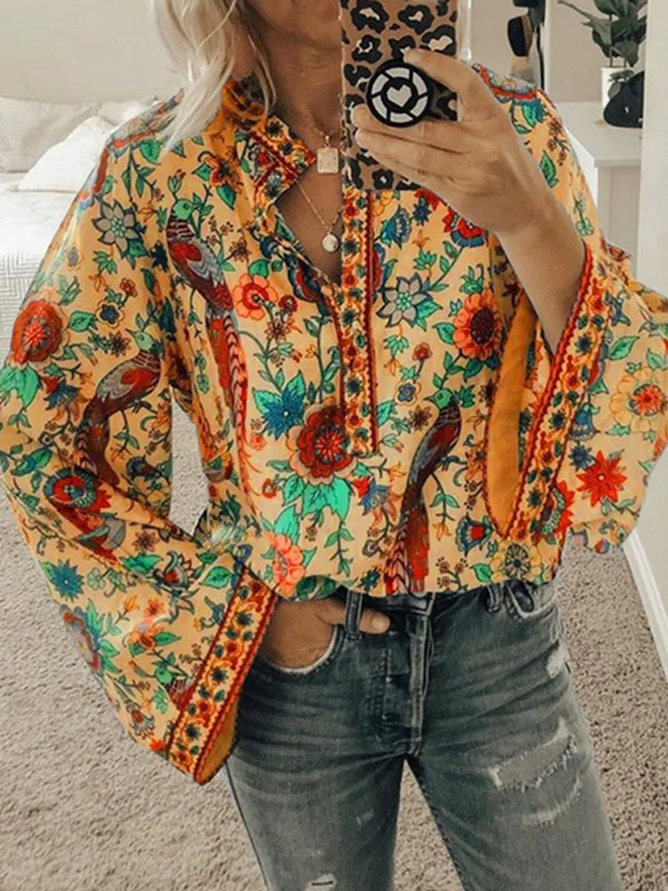 Ethnic Floral Print V Neck Long Sleeved Bohemian Shirts For Women
