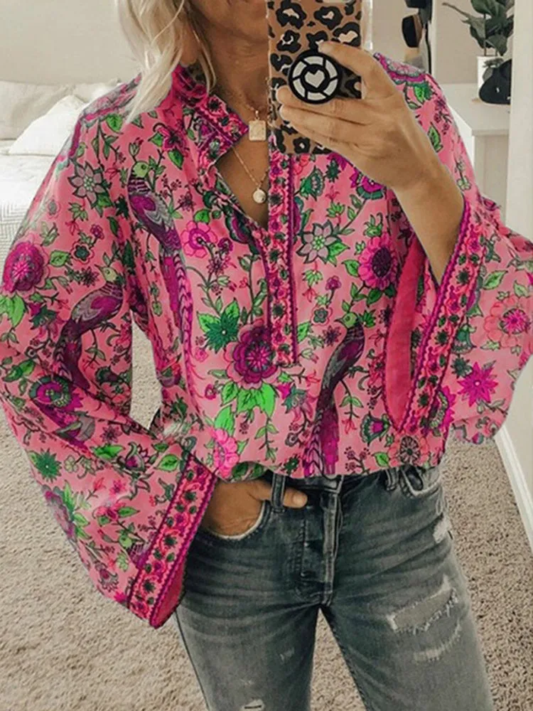Ethnic Floral Print V Neck Long Sleeved Bohemian Shirts For Women