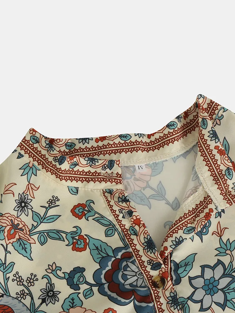 Ethnic Floral Print V Neck Long Sleeved Bohemian Shirts For Women
