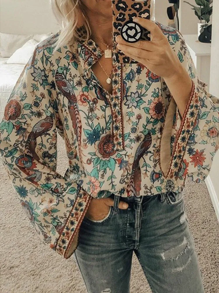 Ethnic Floral Print V Neck Long Sleeved Bohemian Shirts For Women