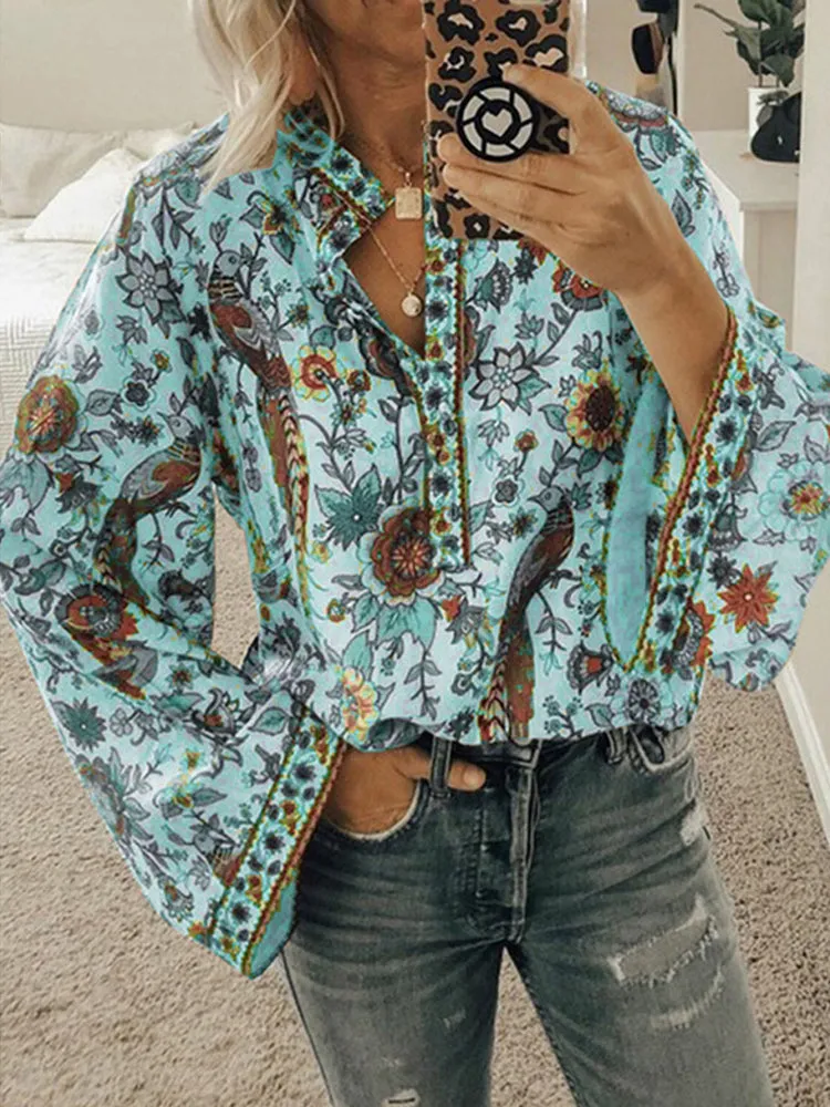 Ethnic Floral Print V Neck Long Sleeved Bohemian Shirts For Women