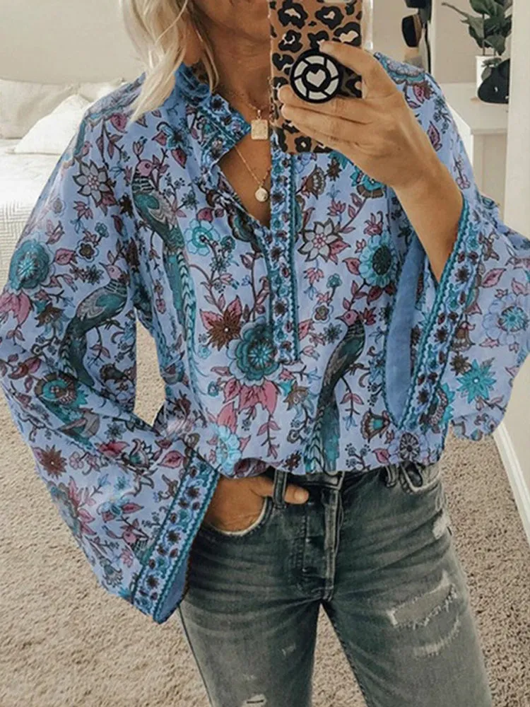 Ethnic Floral Print V Neck Long Sleeved Bohemian Shirts For Women
