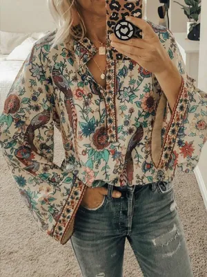 Ethnic Floral Print V Neck Long Sleeved Bohemian Shirts For Women