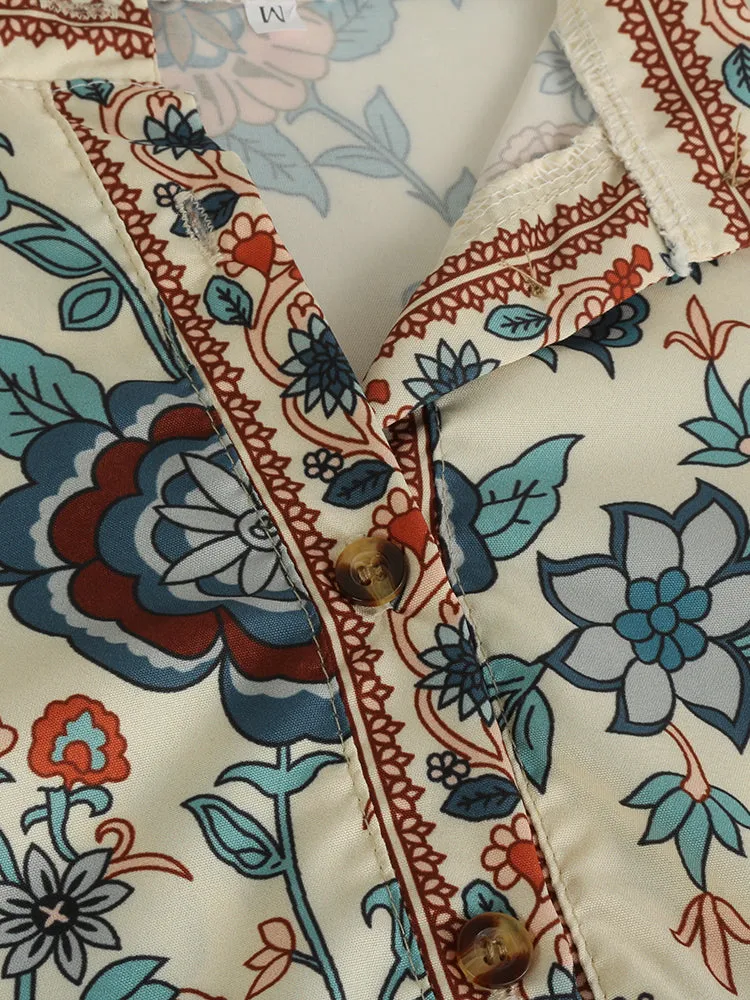 Ethnic Floral Print V Neck Long Sleeved Bohemian Shirts For Women