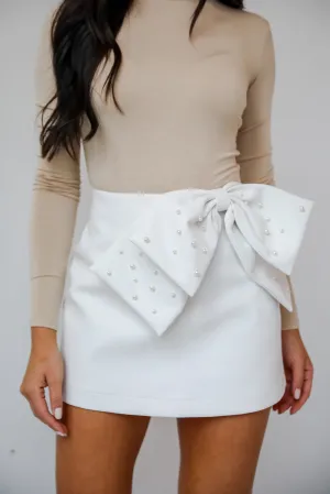 FINAL SALE - Notorious Perfection Off White Pearl Bow Leather Mini Skort