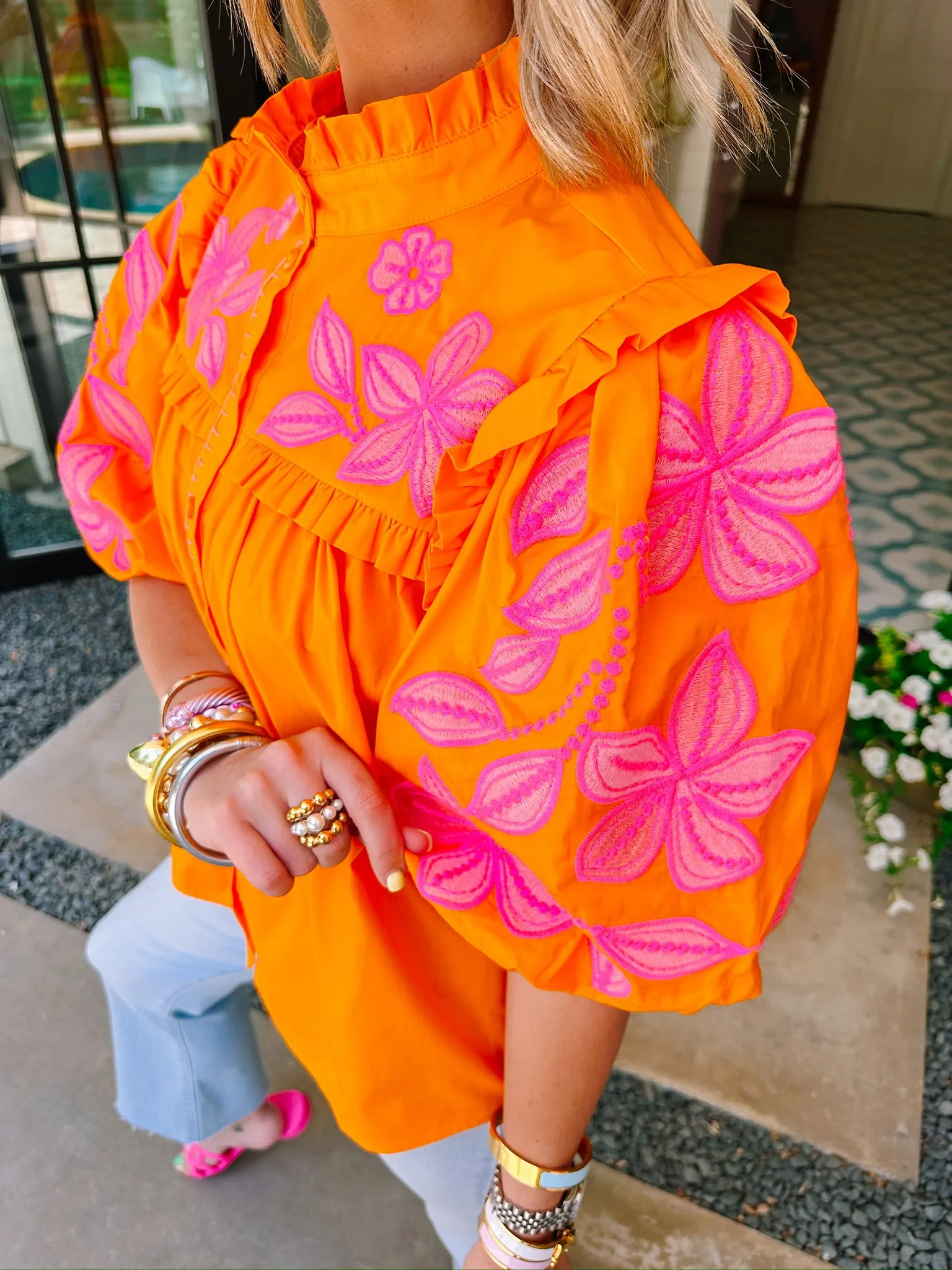 GARDEN FRESH FLORAL EMBROIDERED TOP - ORANGE