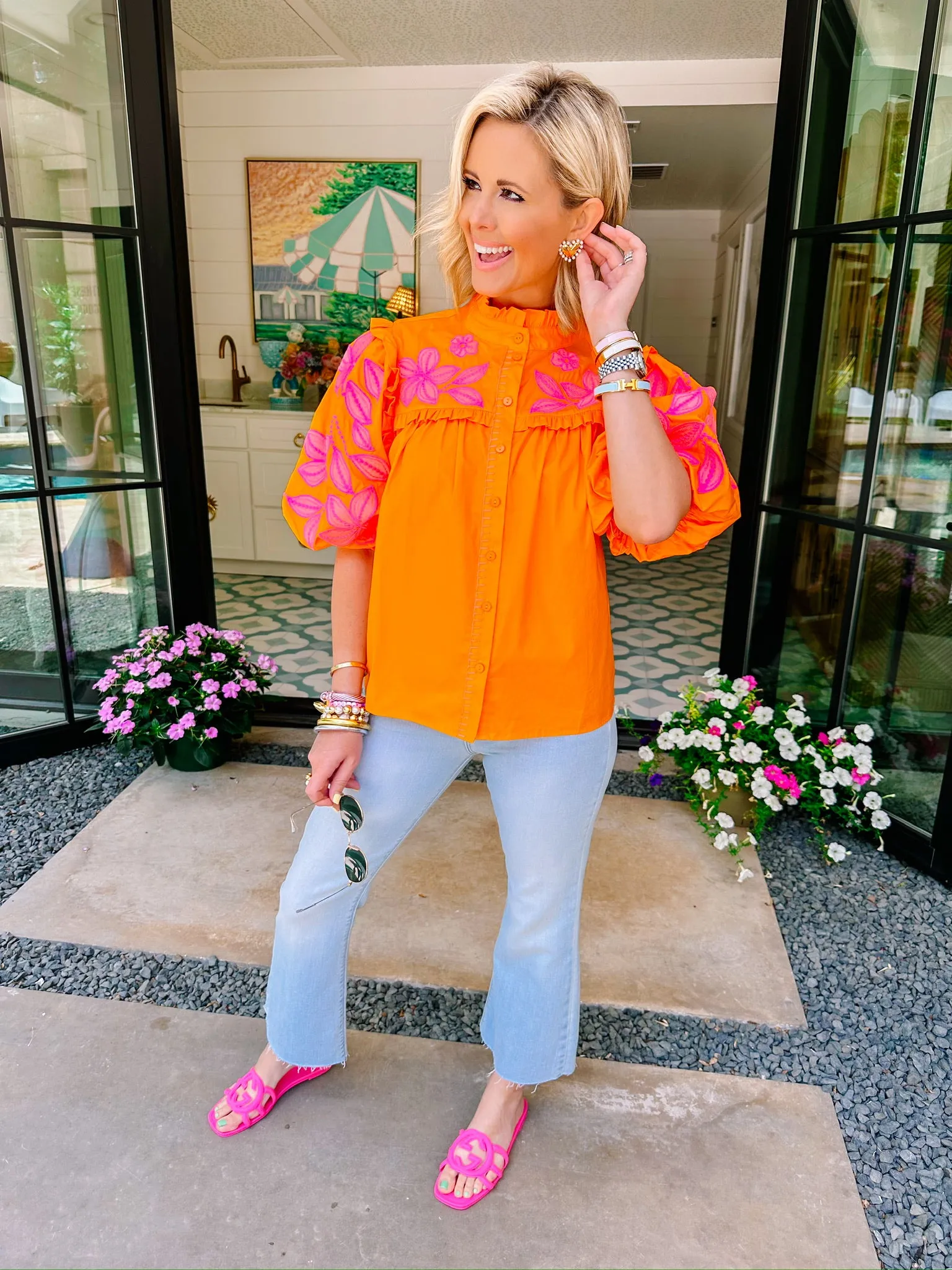 GARDEN FRESH FLORAL EMBROIDERED TOP - ORANGE