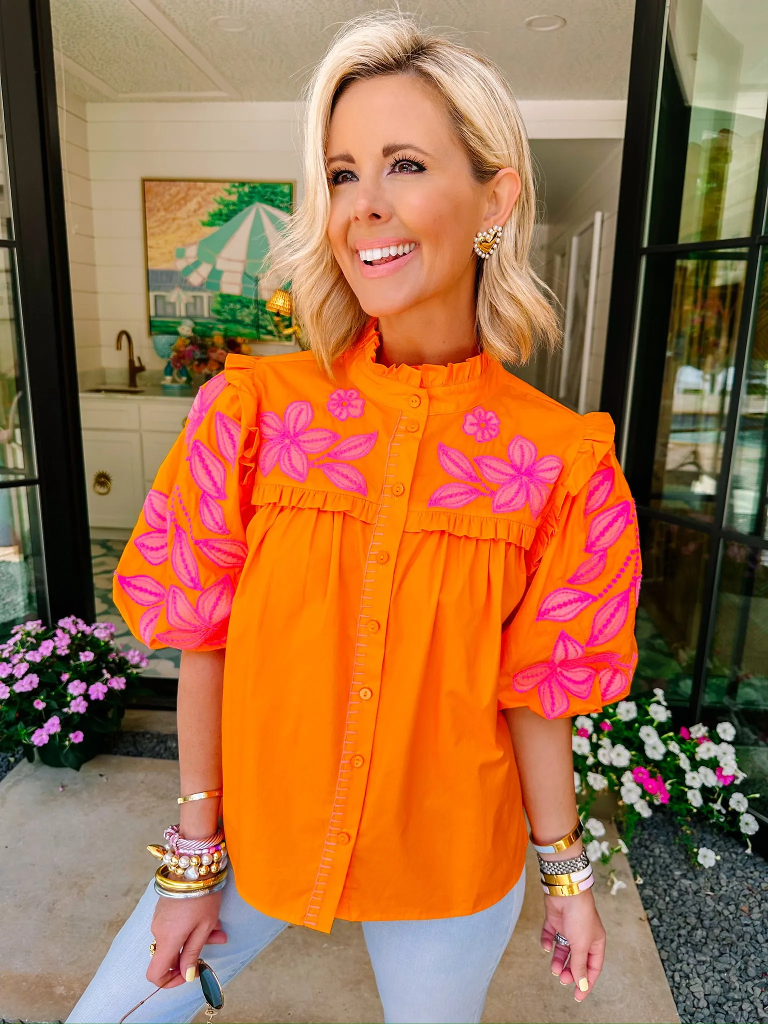 GARDEN FRESH FLORAL EMBROIDERED TOP - ORANGE
