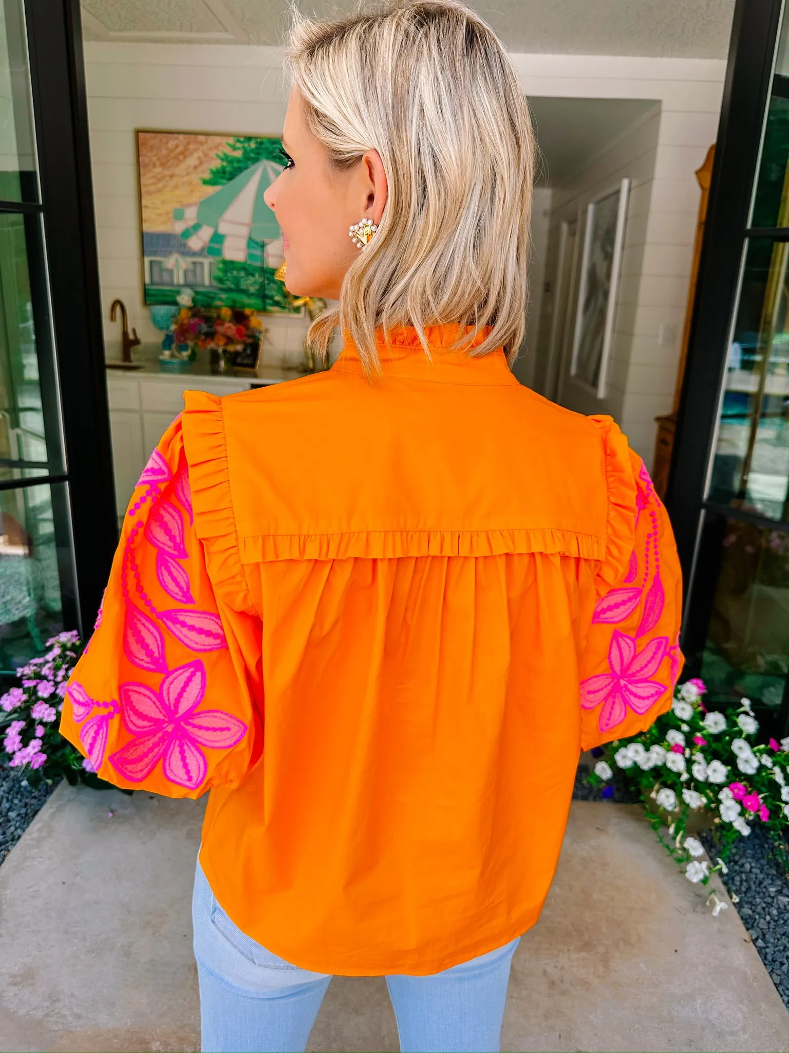 GARDEN FRESH FLORAL EMBROIDERED TOP - ORANGE