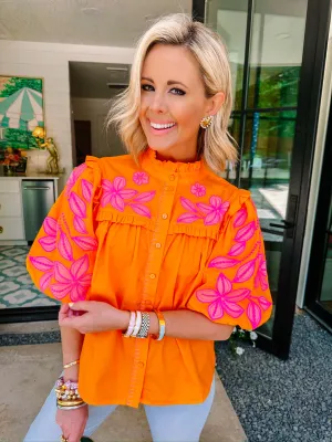GARDEN FRESH FLORAL EMBROIDERED TOP - ORANGE