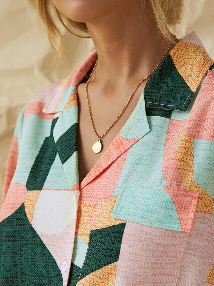 Geometric Printed Lapel Short Sleeve Button Down Casual Blouse For Women