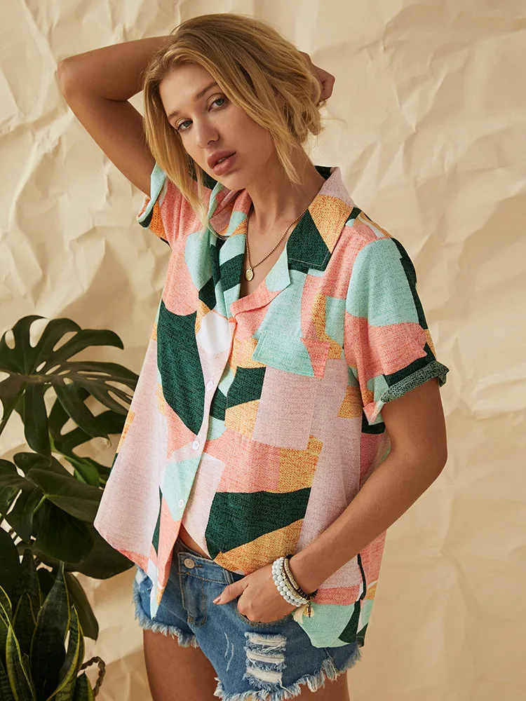 Geometric Printed Lapel Short Sleeve Button Down Casual Blouse For Women