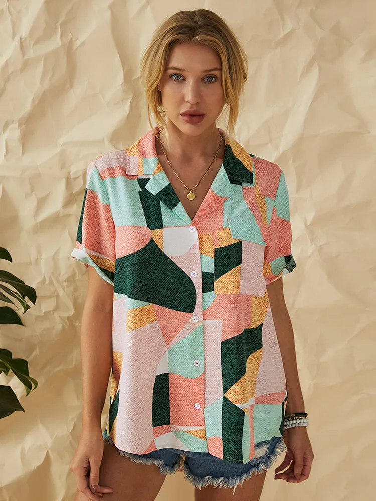 Geometric Printed Lapel Short Sleeve Button Down Casual Blouse For Women