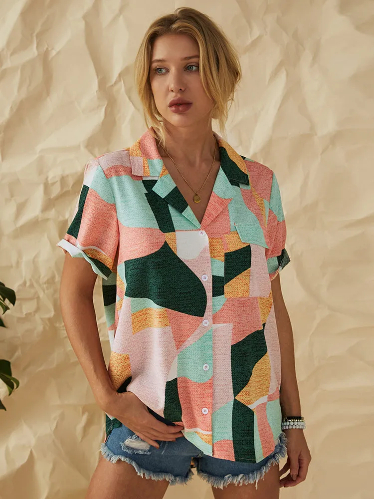 Geometric Printed Lapel Short Sleeve Button Down Casual Blouse For Women