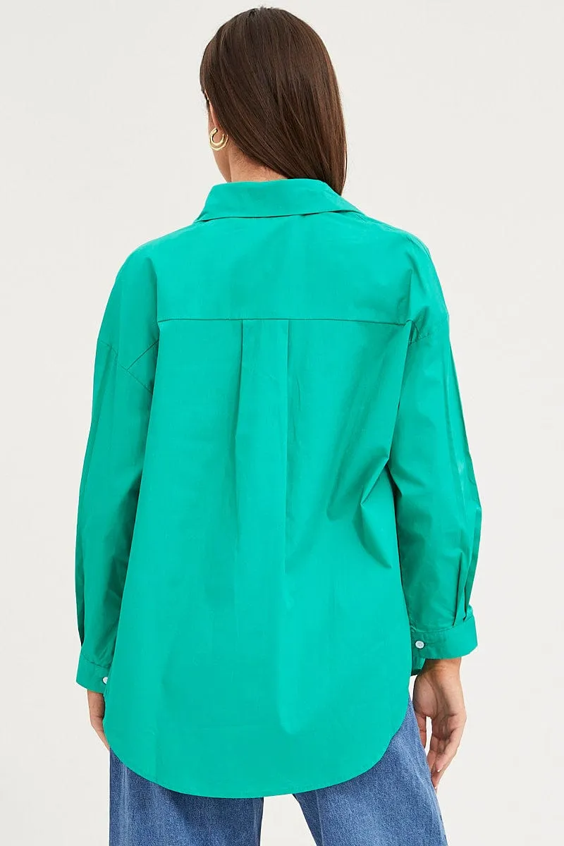 Green Relaxed Shirts Long Sleeve Button Up