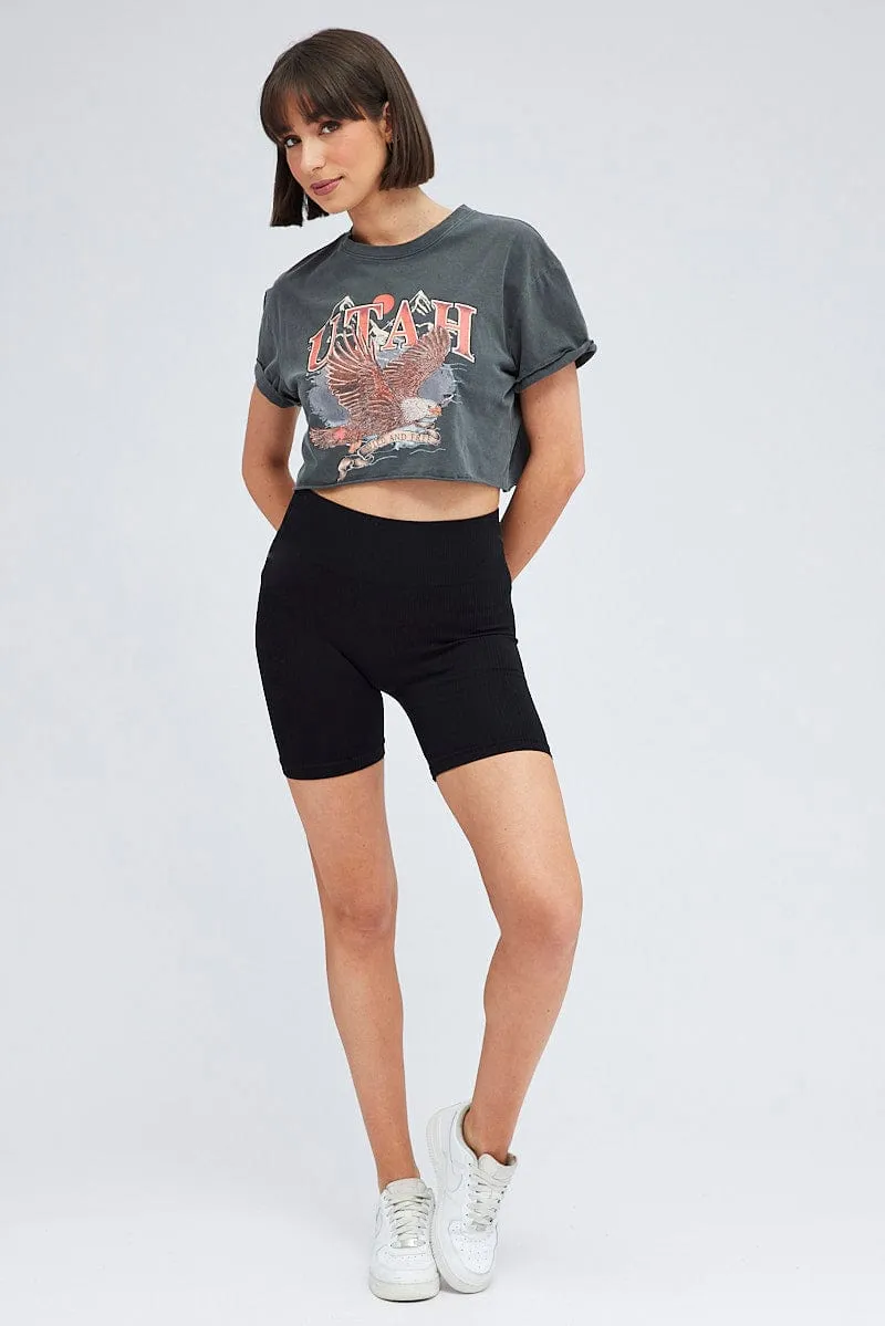 Grey Crop Tee Short Sleeve Graphic Print