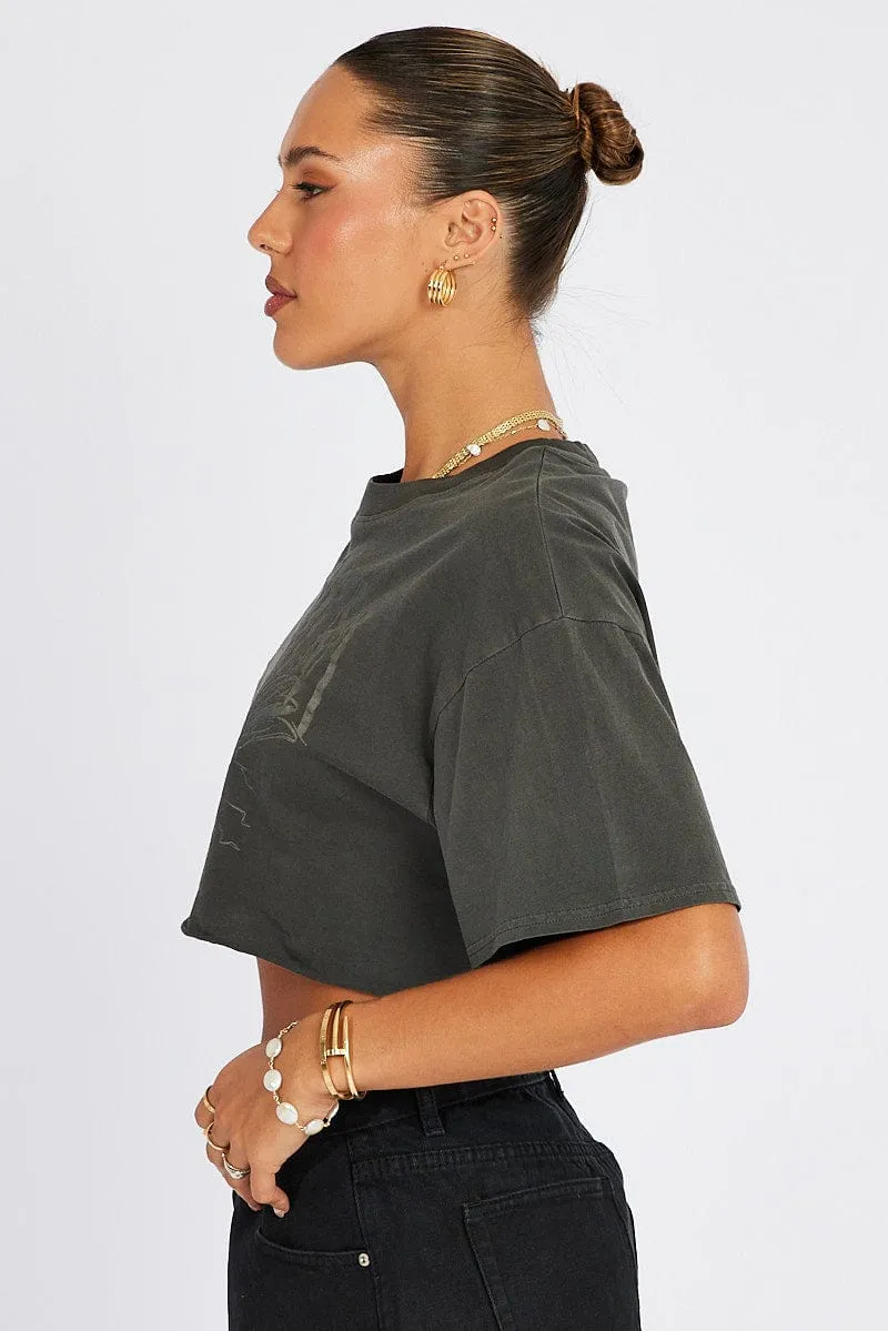 Grey Graphic Tee Short Sleeve Crop Round Neck