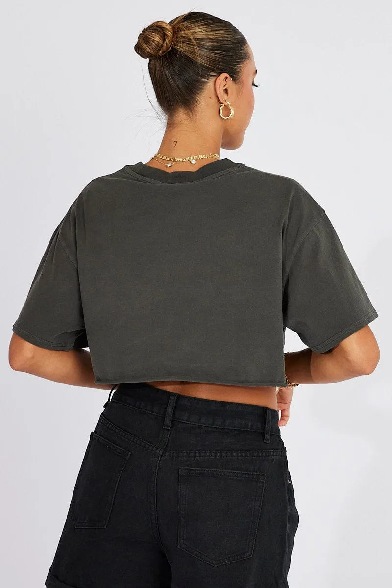 Grey Graphic Tee Short Sleeve Crop Round Neck