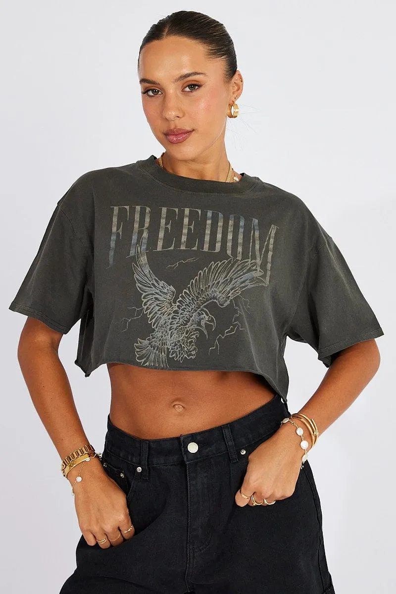Grey Graphic Tee Short Sleeve Crop Round Neck