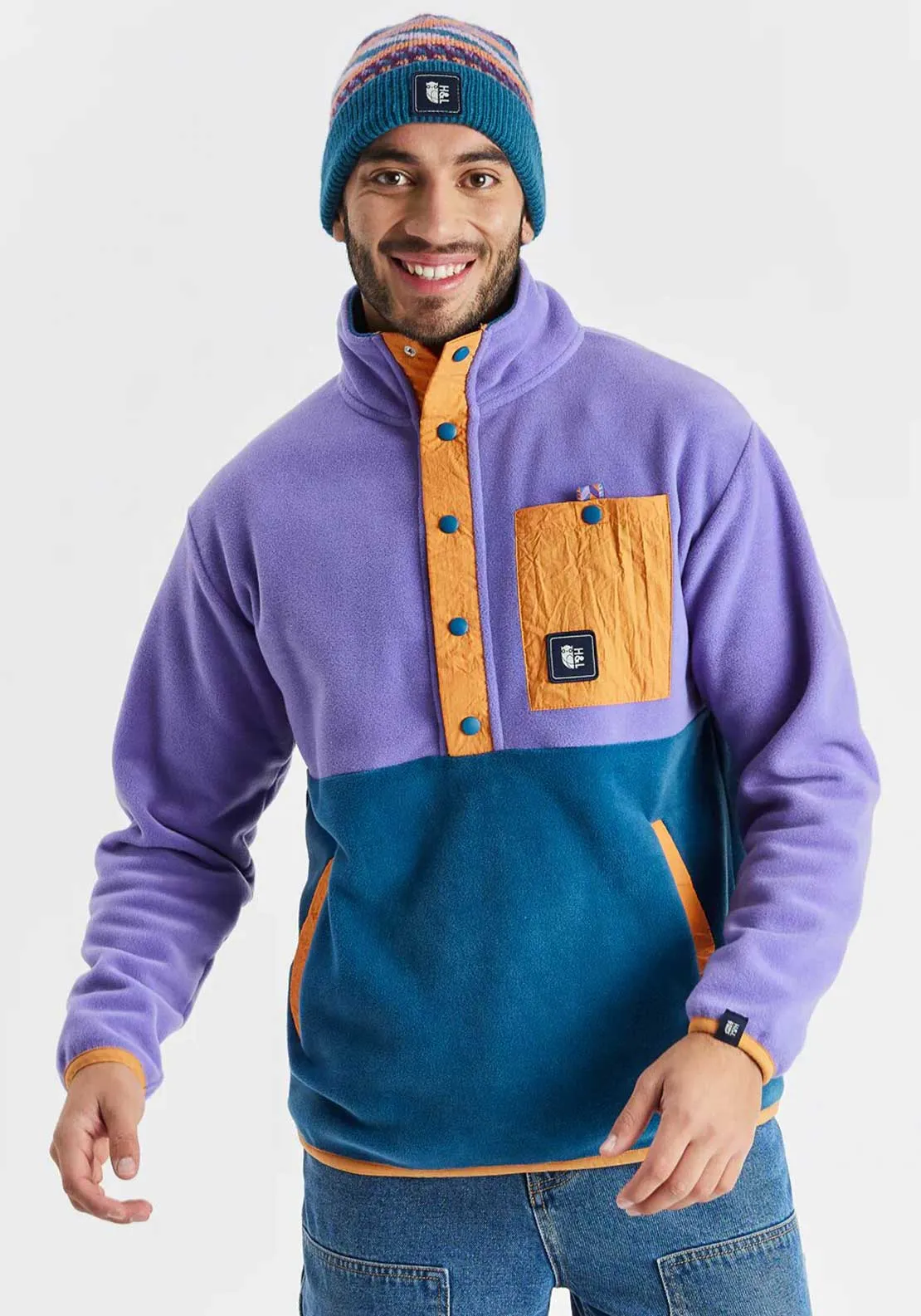 Harper & Lewis Aries Unisex Popper Neck Fleece, Purple and Teal