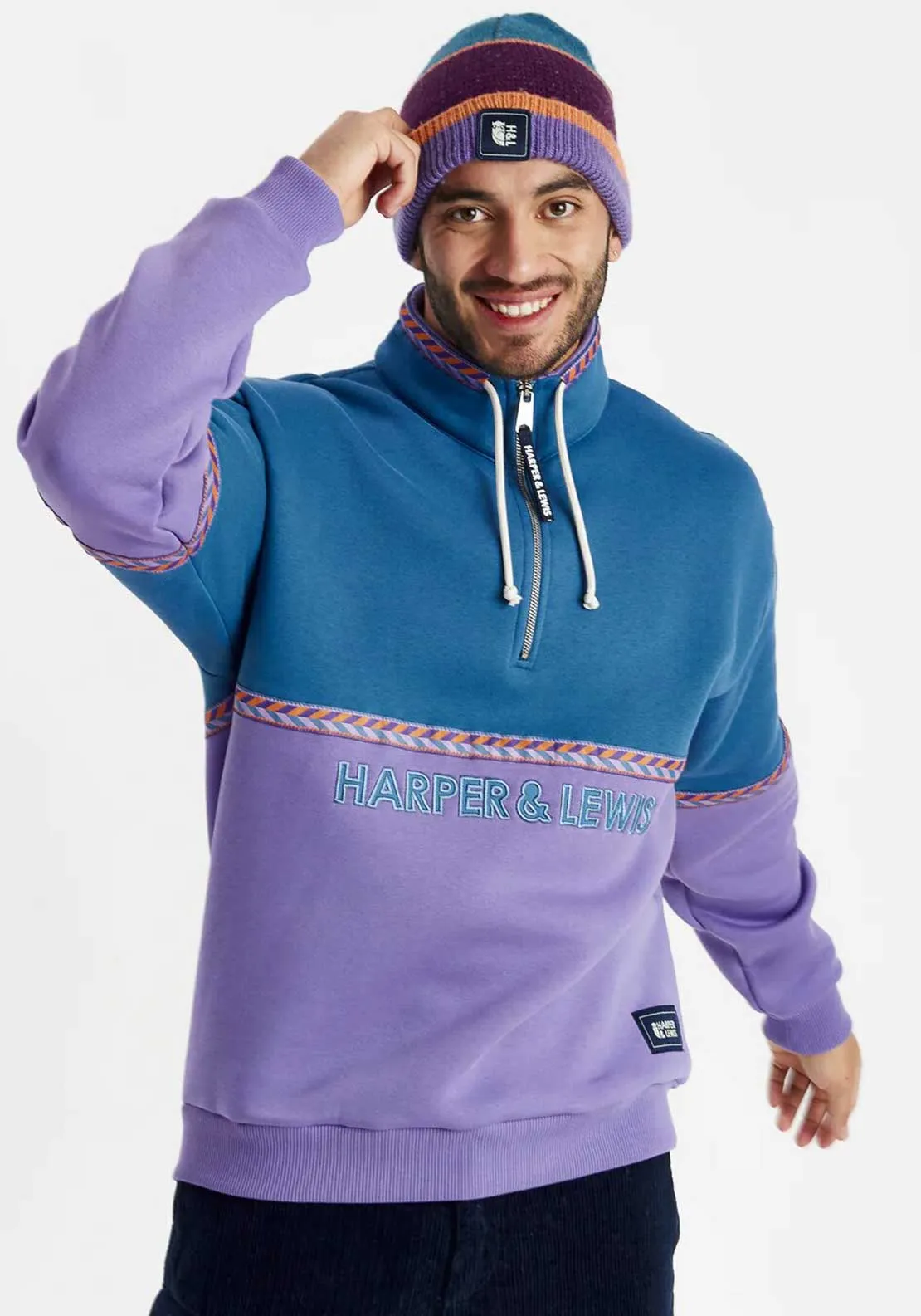 Harper & Sloan Unisex Kit Quarter Zip Sweatshirt, Petrol & Lavender