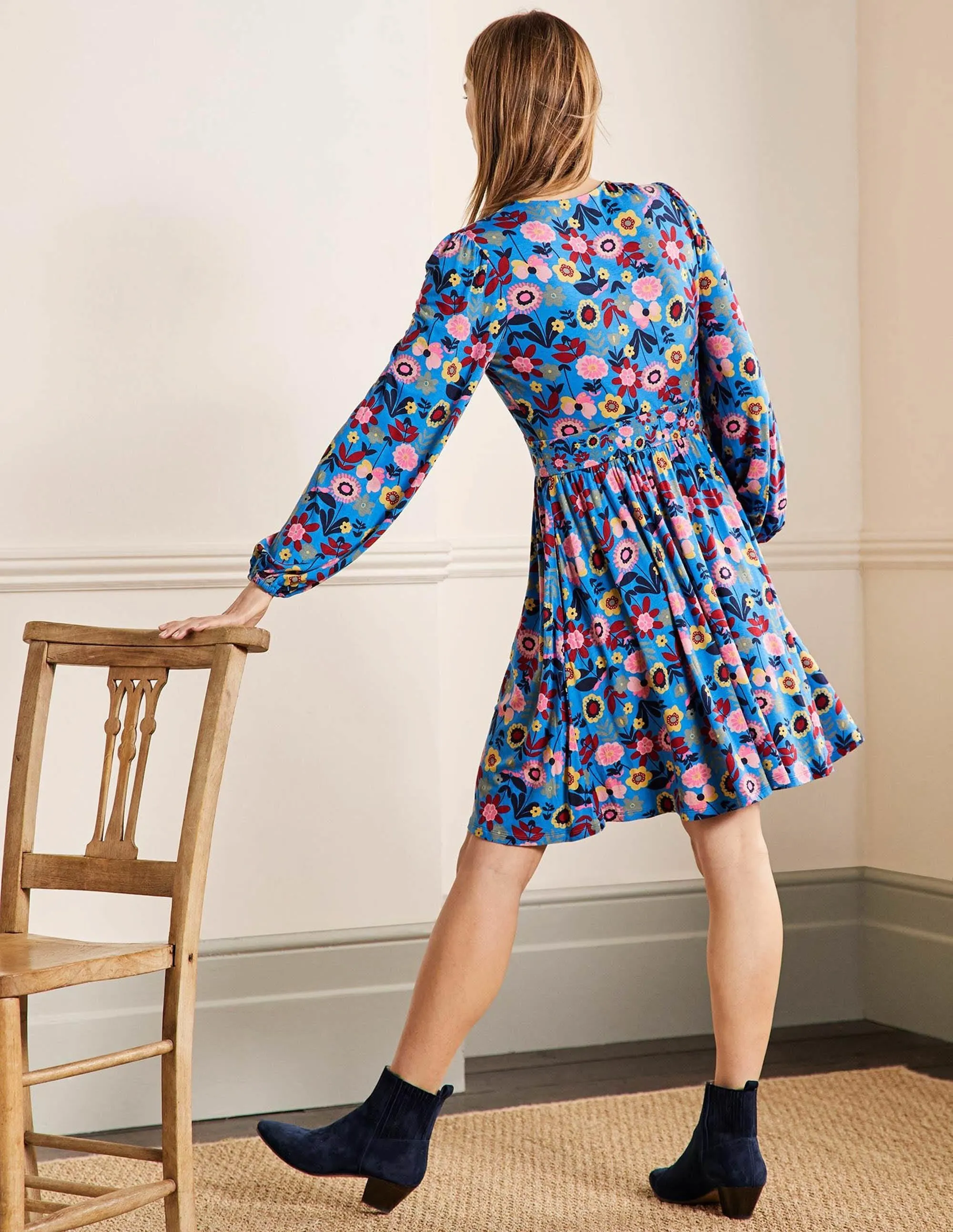 Jersey Mini Tea Dress-Moroccan Blue, Flora Bloom