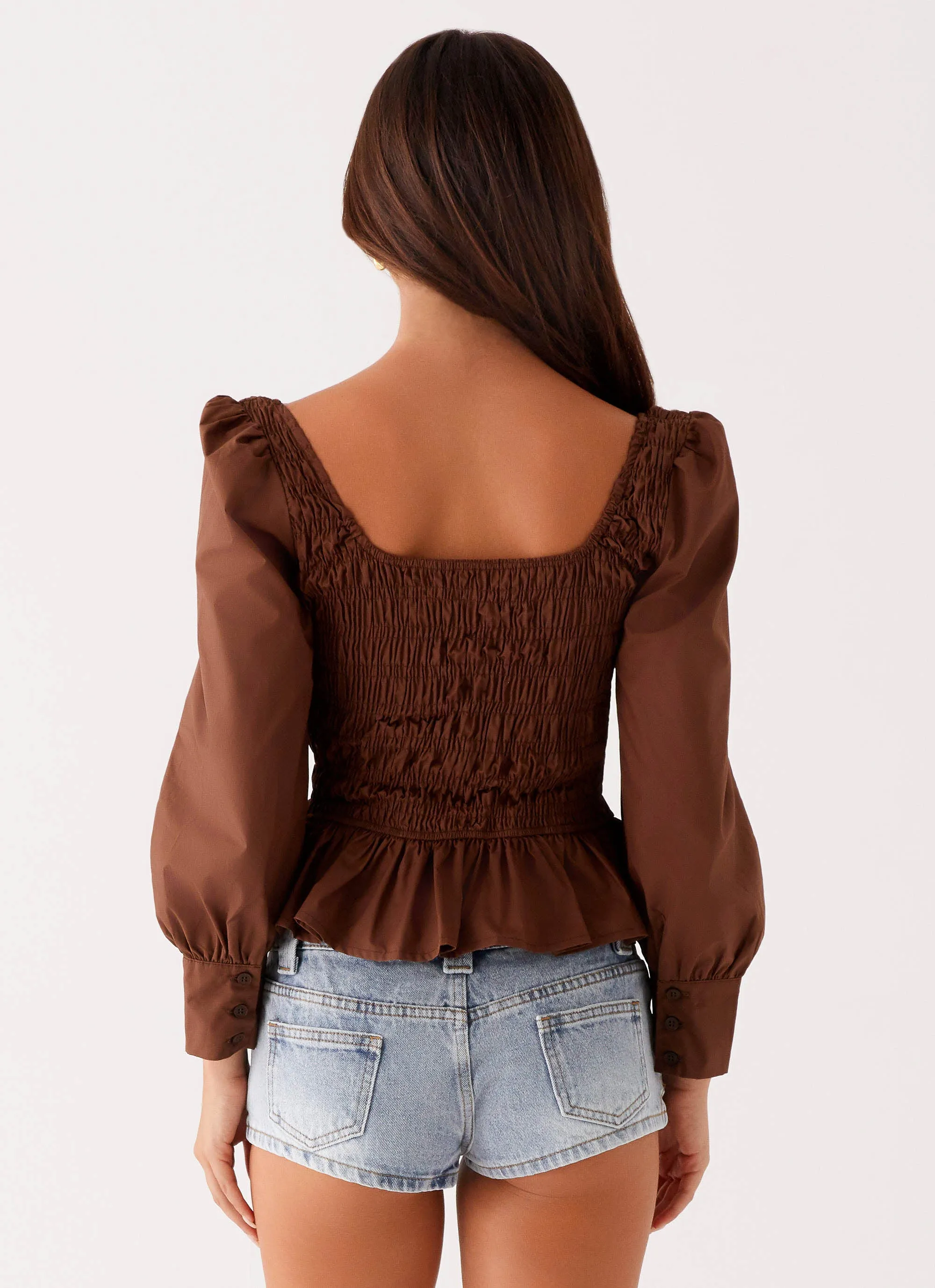 Joyce Long Sleeve Shirred Top - Chocolate
