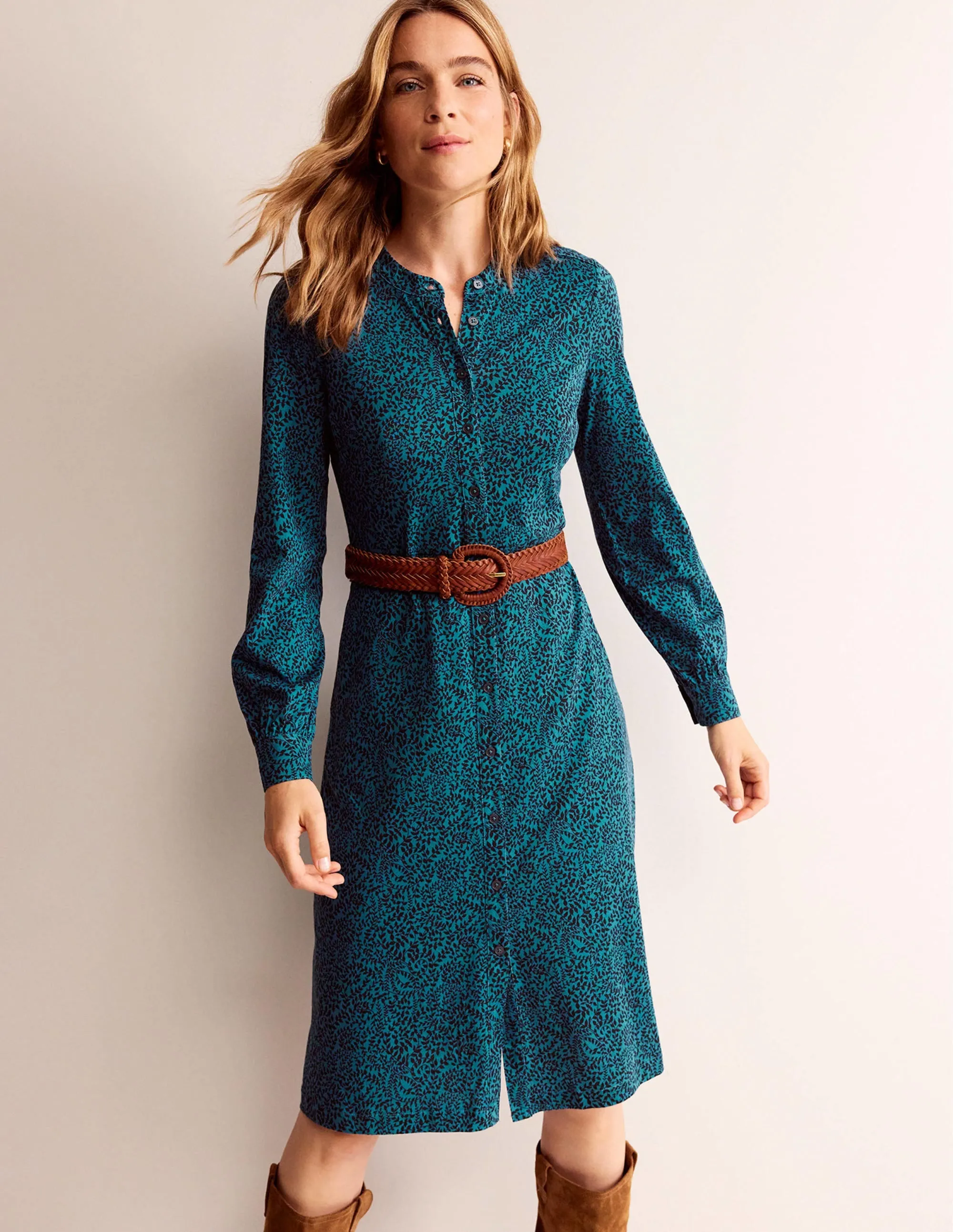 Julia Jersey Shirt Dress-Teal, Pome Sprig