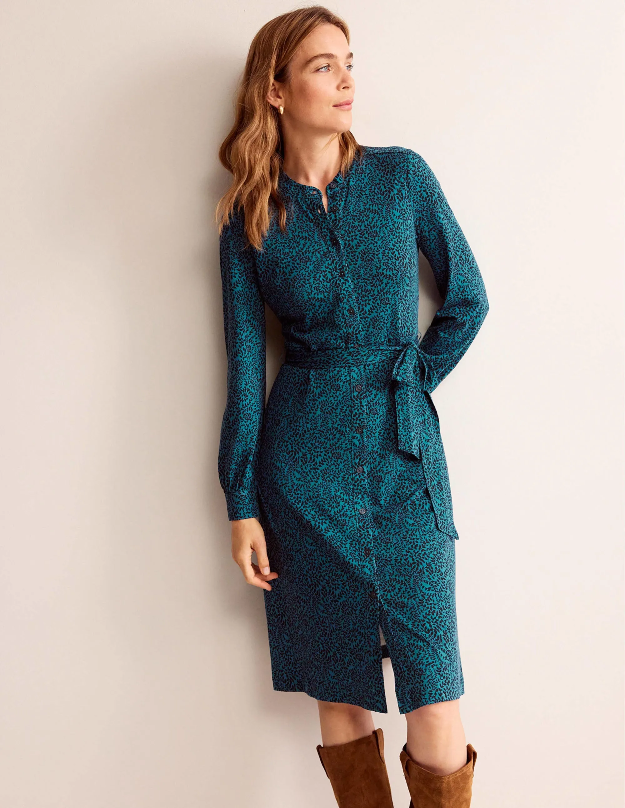 Julia Jersey Shirt Dress-Teal, Pome Sprig