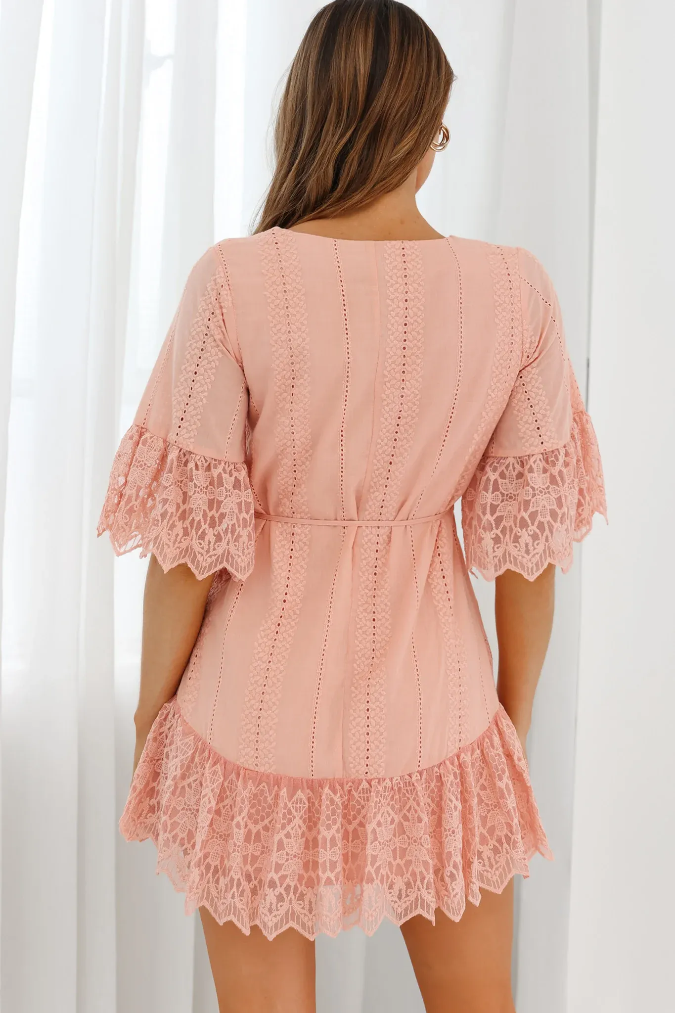 Karissa Lace Trim Waist Tie Tunic Dress Blush