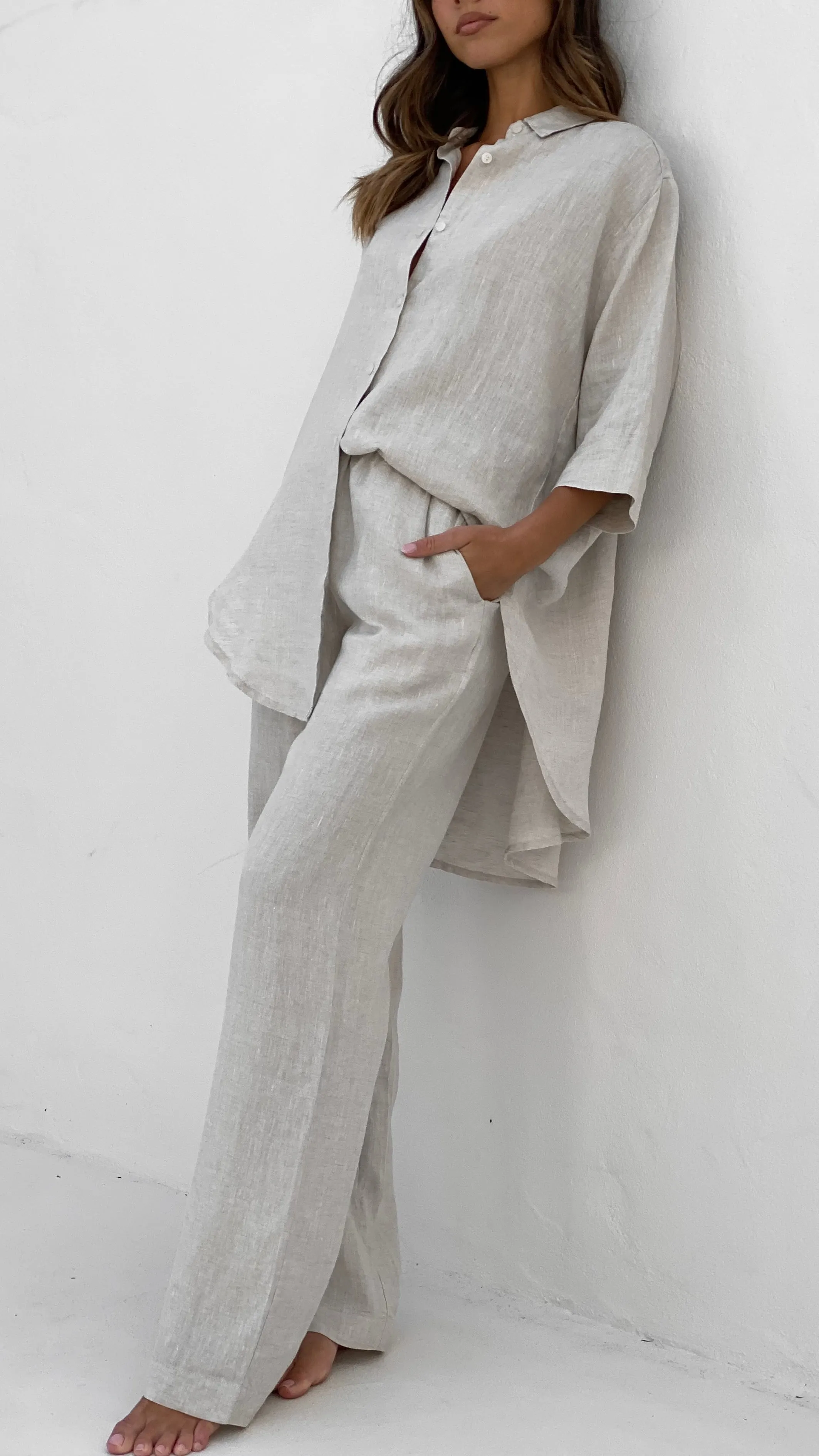 Lounge Linen Longline Shirt - Natural