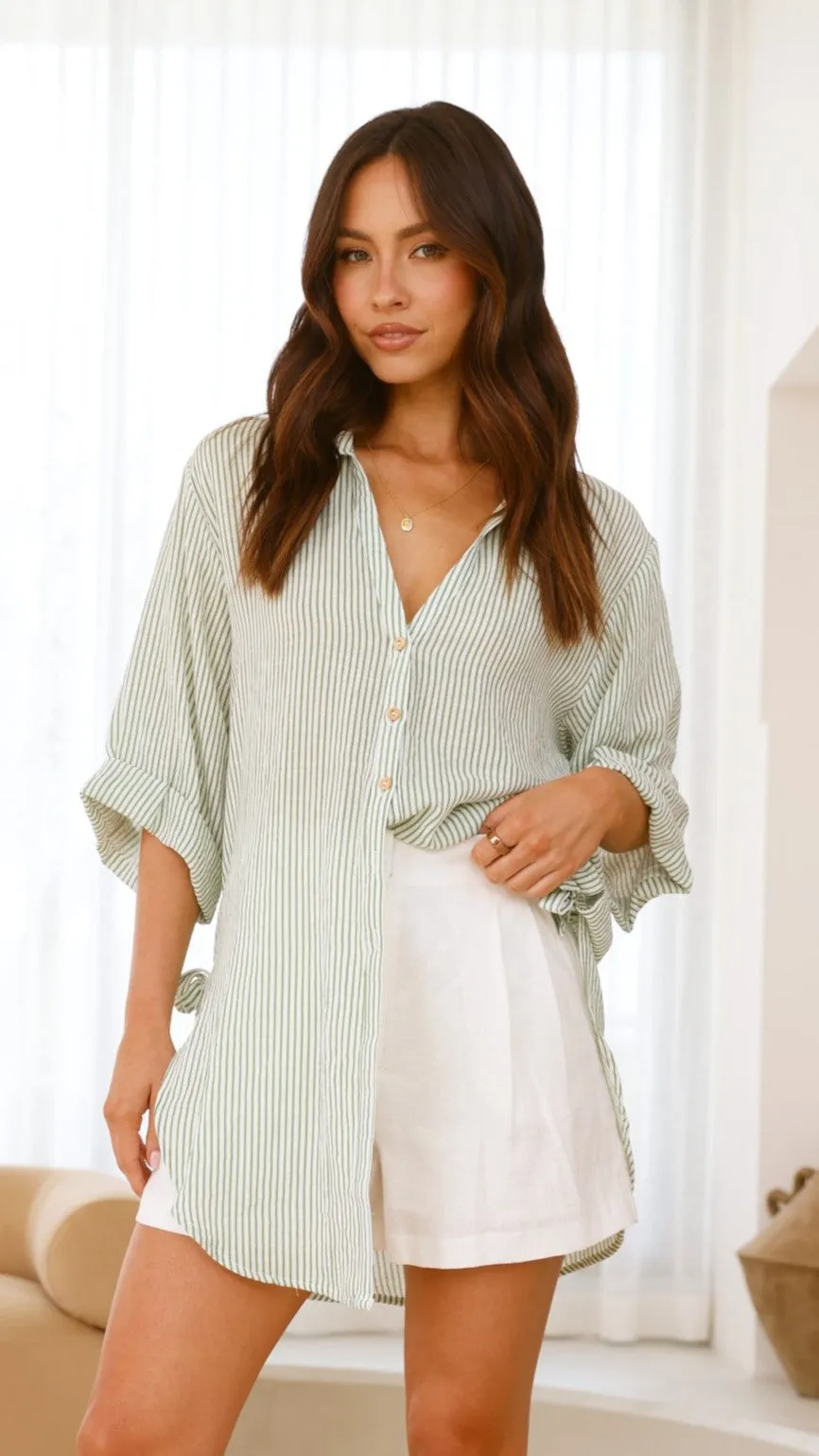 Lucia Shirt - Sage/White Stripe