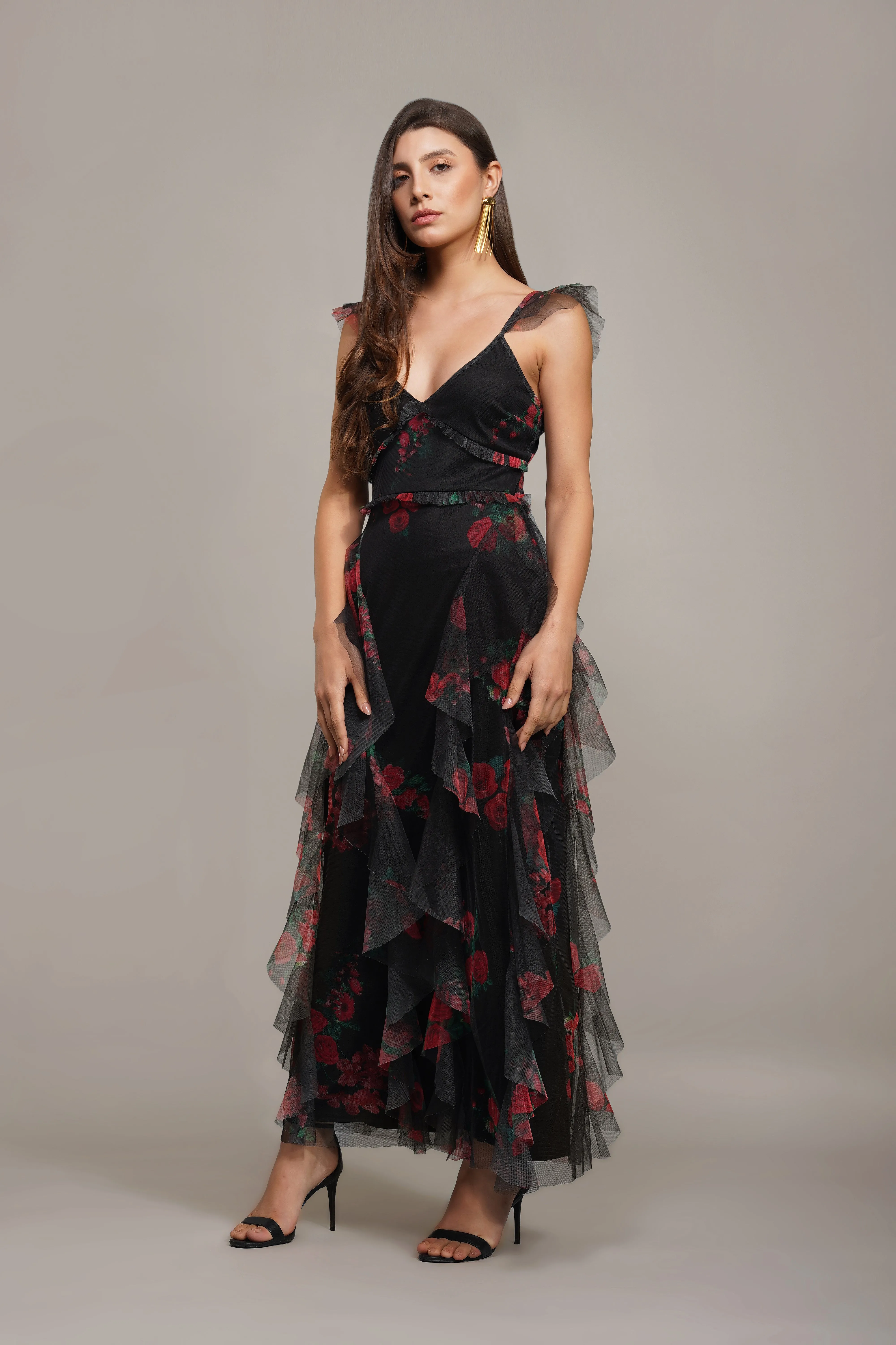 Malin Maxi Dress in Black and Red Floral