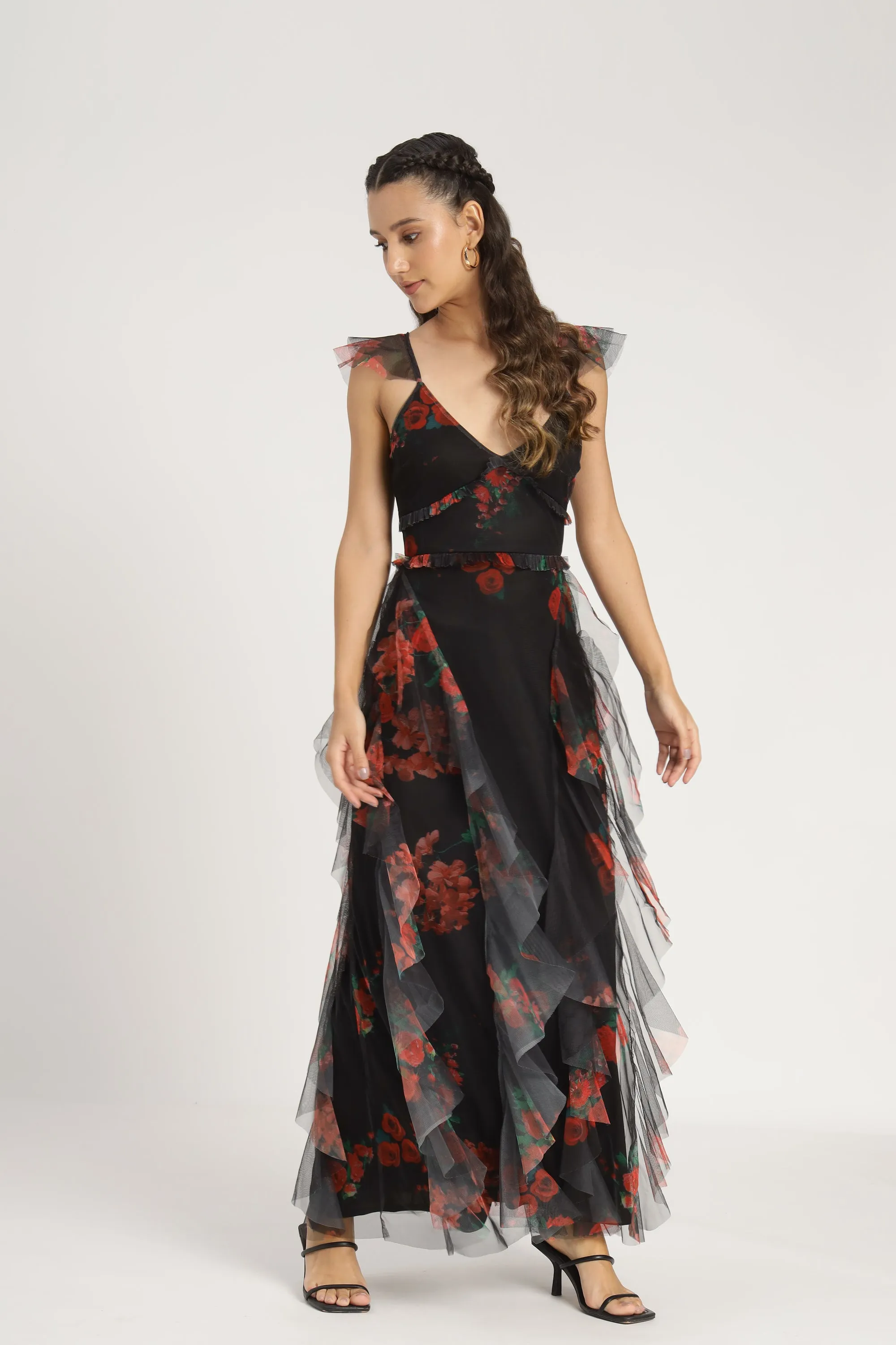 Malin Maxi Dress in Black and Red Floral