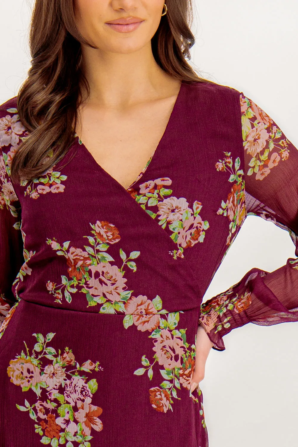 Marya Wine Floral Print Short Wrap Dress