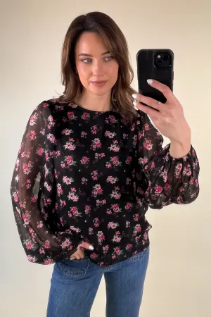 Mefina Black Floral Sheer Sleeve Top