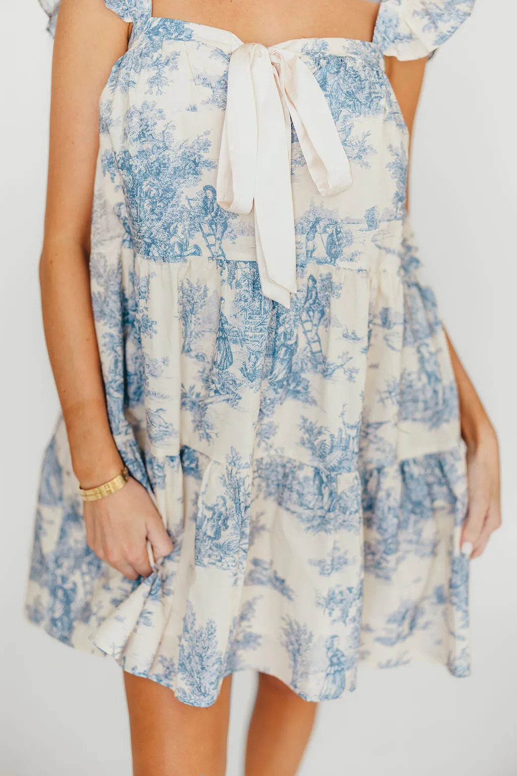 Melanie Toile Ruffle Mini Dress with Bow in Blue