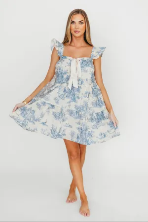 Melanie Toile Ruffle Mini Dress with Bow in Blue