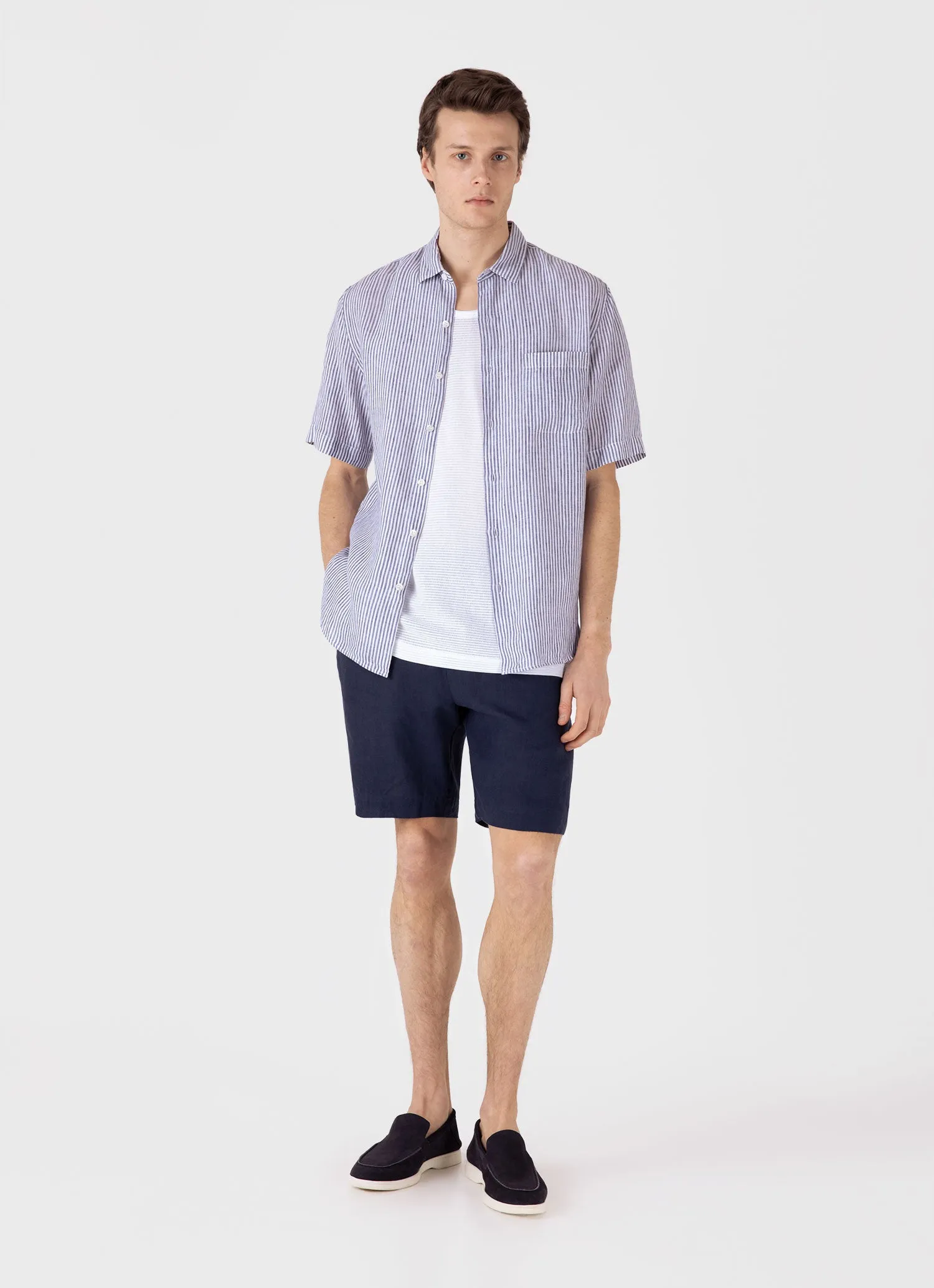 Men's Short Sleeve Linen Shirt in Navy/White