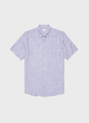 Men's Short Sleeve Linen Shirt in Navy/White