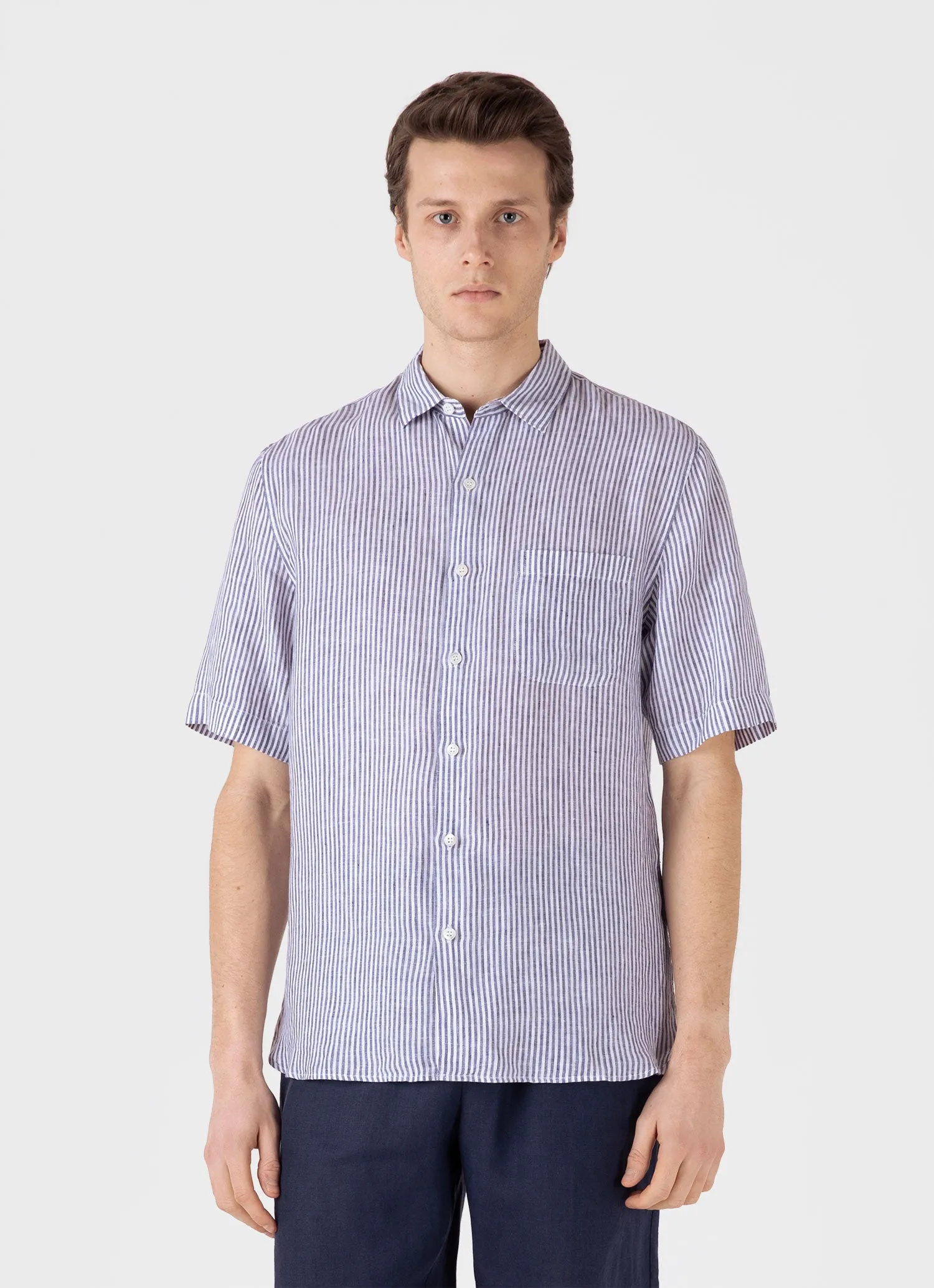 Men's Short Sleeve Linen Shirt in Navy/White