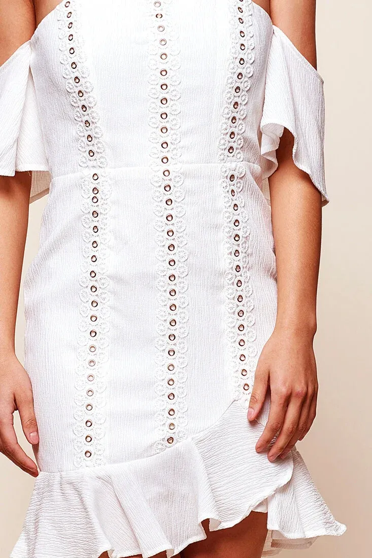 Natalia Off Shoulder Ruffle Trim Dress White