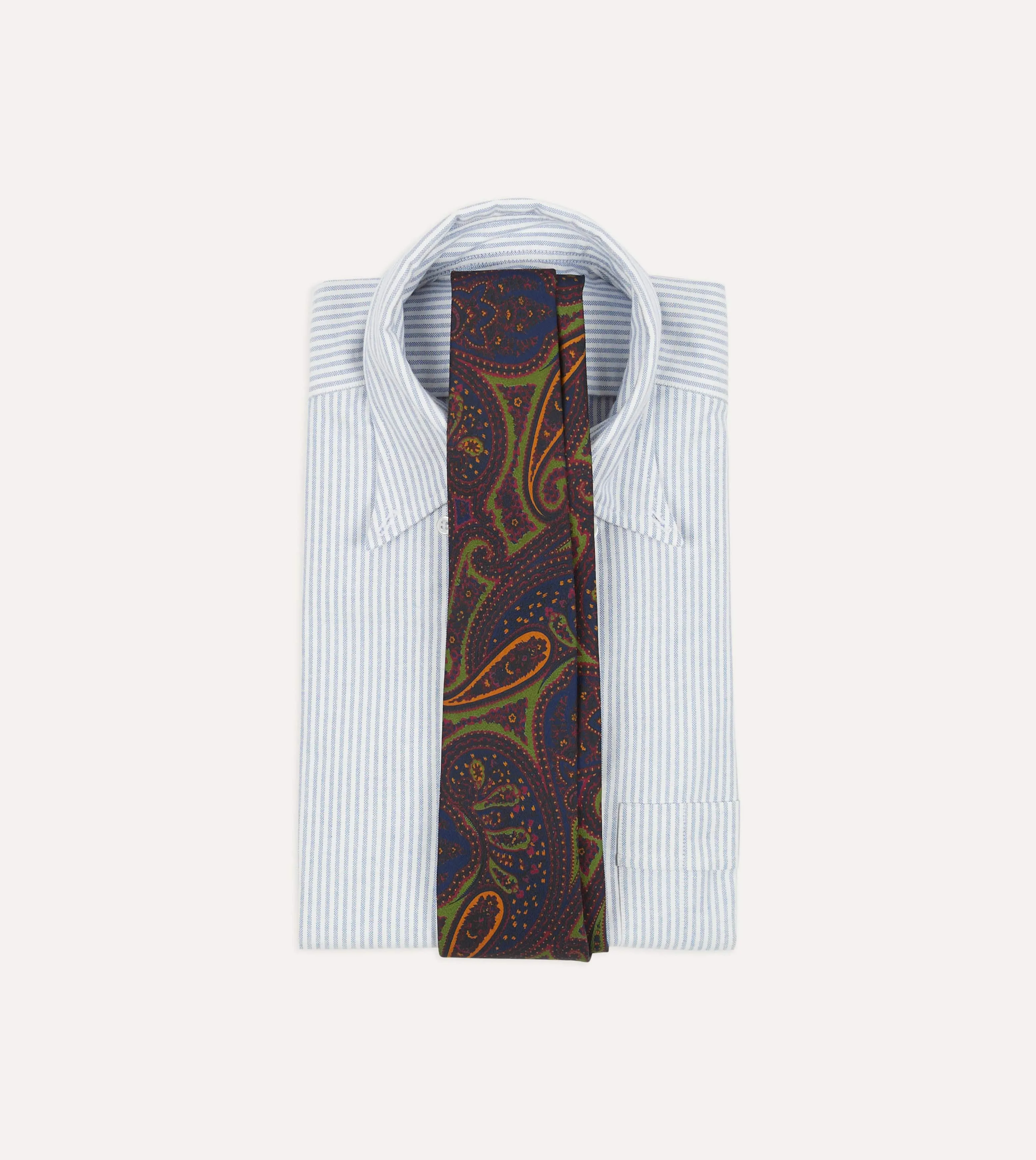 Navy and Green Large Paisley Print Madder Silk Self Tipped Tie