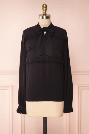Olympa Black | Tie Collar Blouse