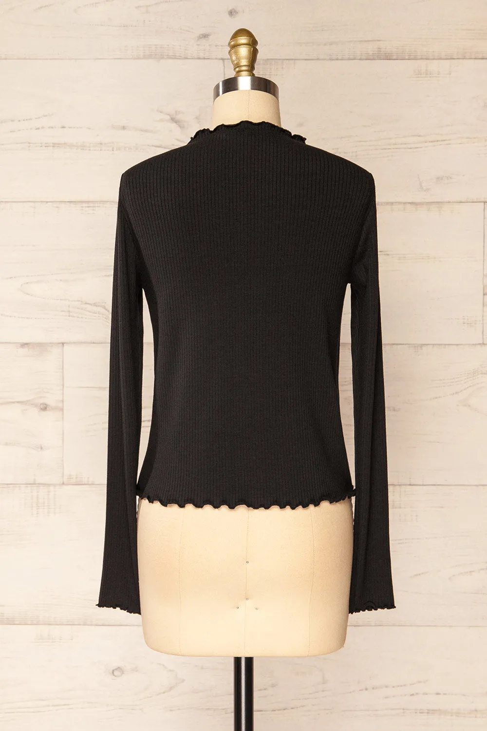 Palencia Black | Ribbed Long Sleeve Top w/ Frills