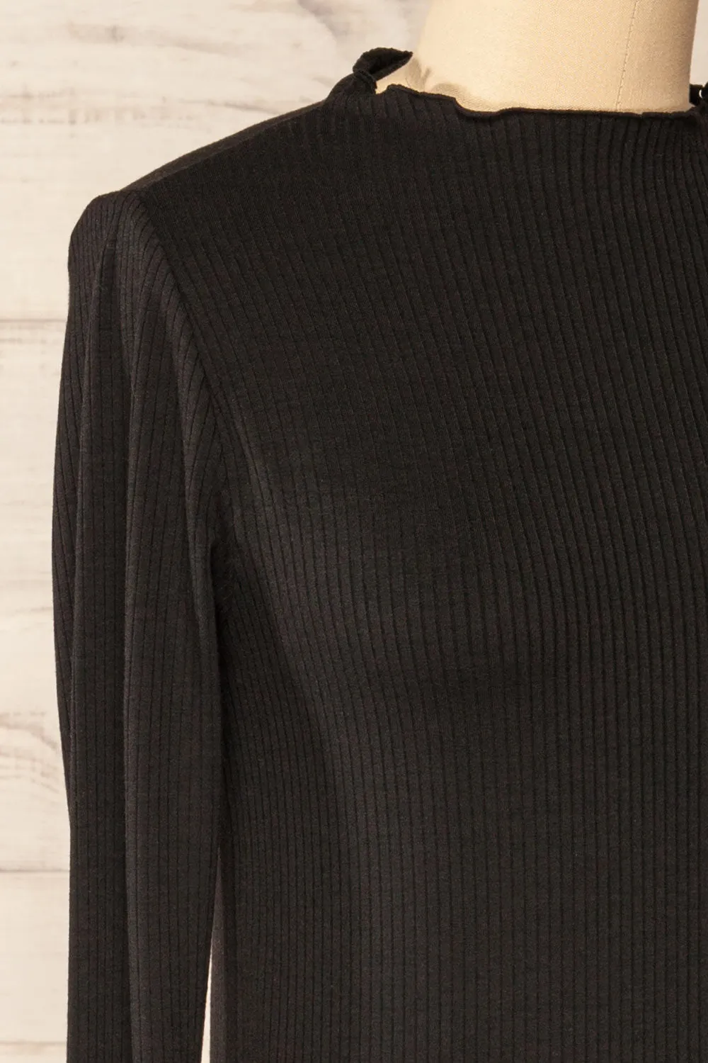 Palencia Black | Ribbed Long Sleeve Top w/ Frills