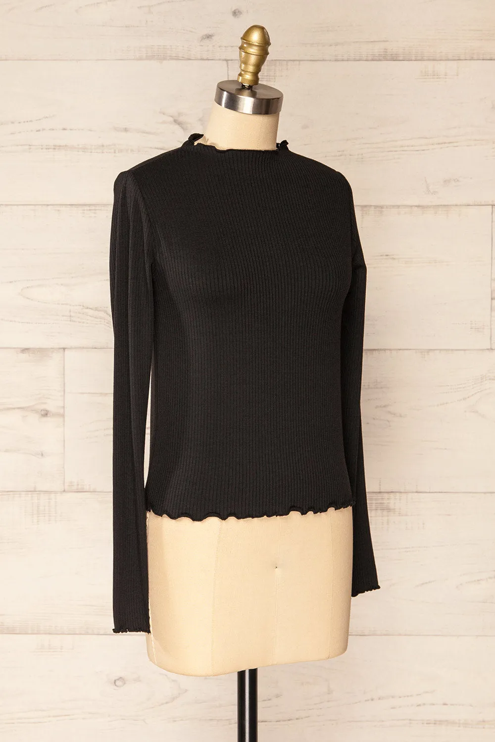 Palencia Black | Ribbed Long Sleeve Top w/ Frills