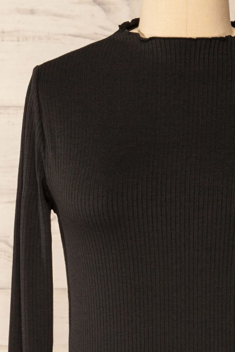 Palencia Black | Ribbed Long Sleeve Top w/ Frills