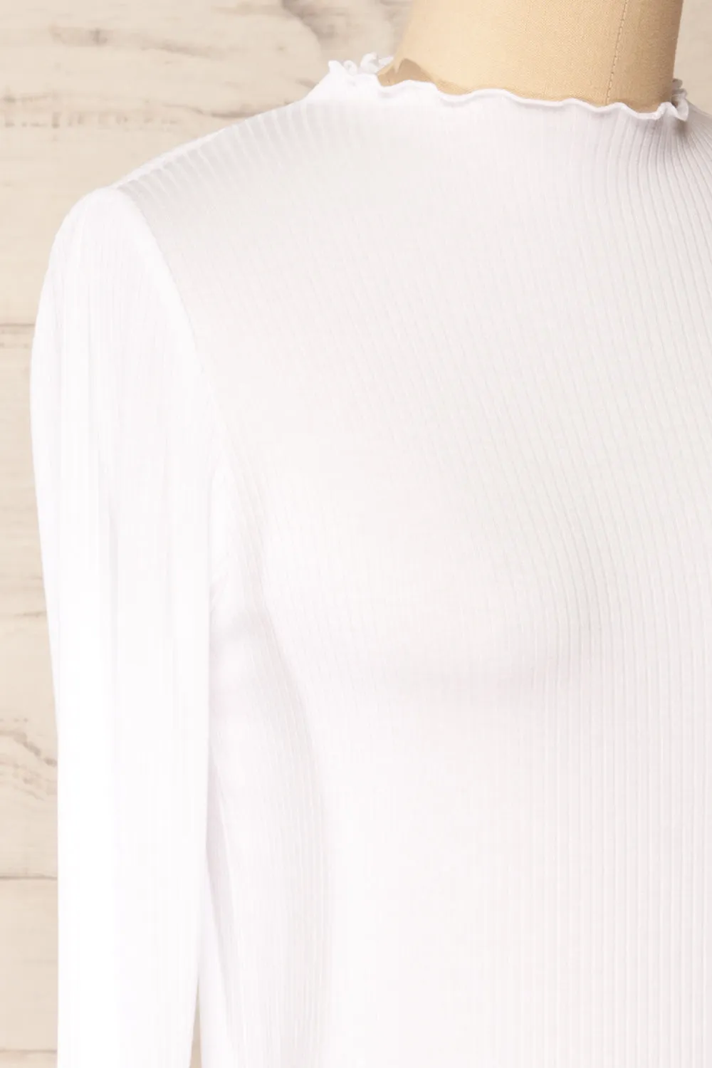 Palencia White | Ribbed Long Sleeve Top w/ Frills
