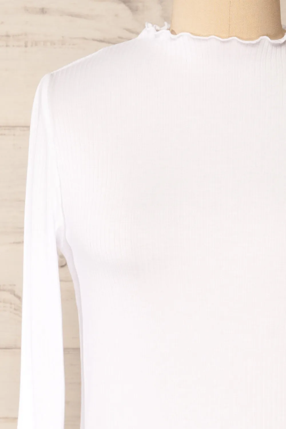 Palencia White | Ribbed Long Sleeve Top w/ Frills